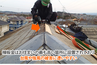 棟板金はお住まいの最も高い箇所に設置されており台風や強風の被害に遭いやすい