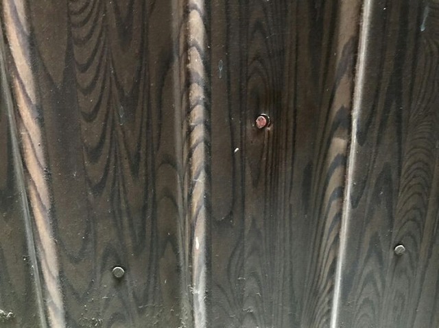壁面のシロアリ防虫薬剤の穴の木栓色塗り後