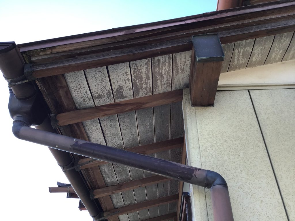 雨樋脇の軒天剥がれ