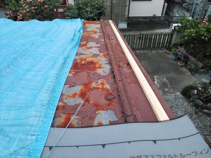 ブルーシートと防水シートと塗膜の剝がれたトタン屋根と角材