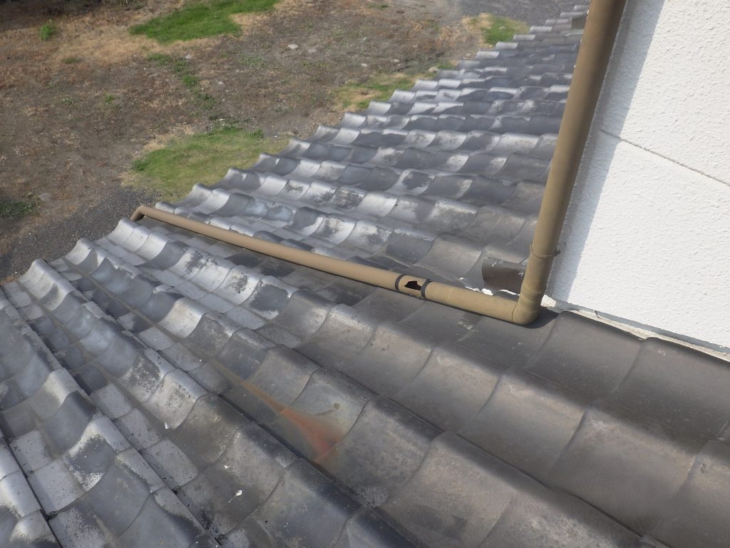 屋根上に外れた縦樋